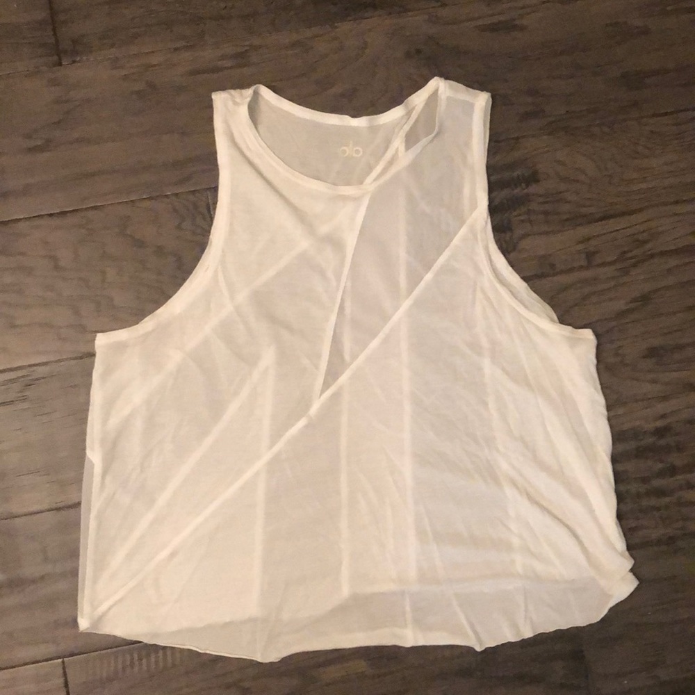 ALO Yoga cropped workout top with sheet details